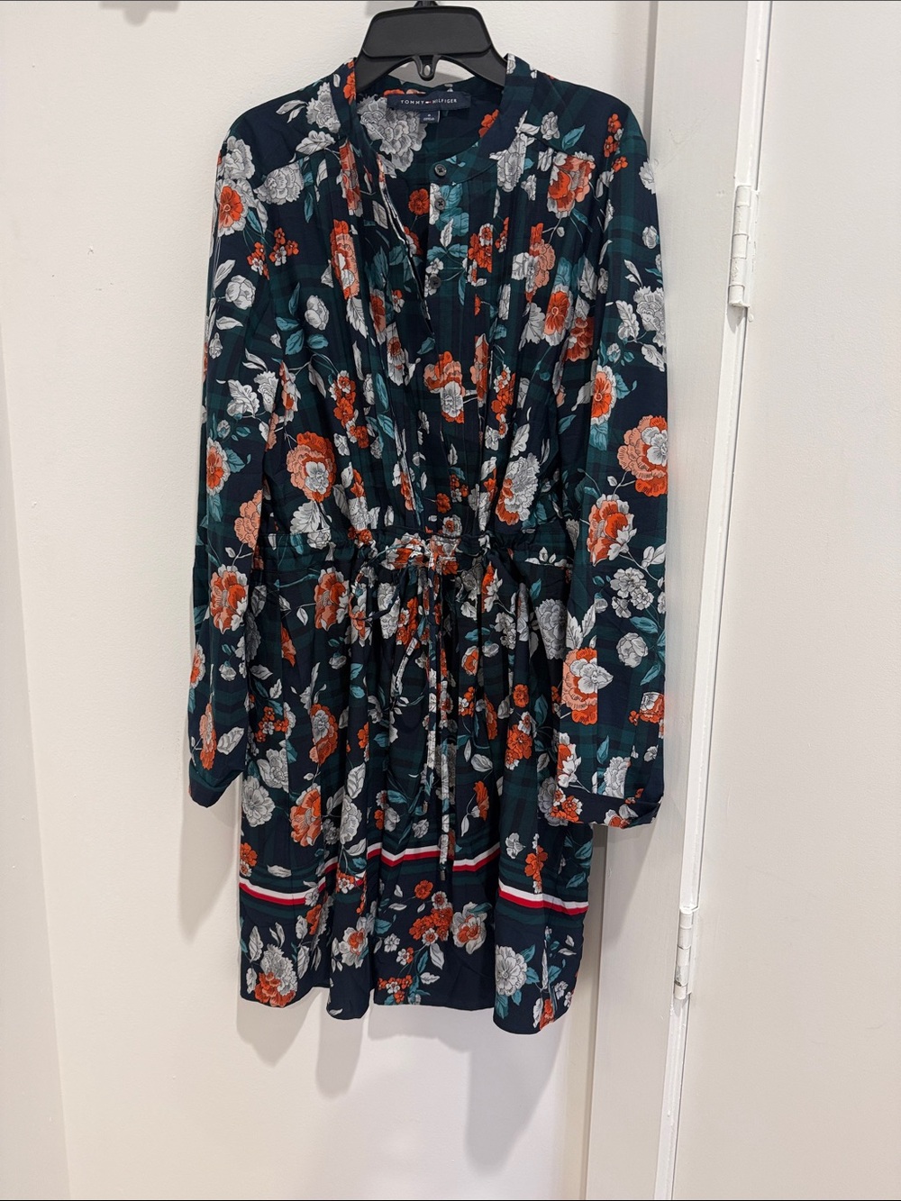 Tommy Hilfiger Tie-Waist Long Sleeve Dress - Navy with Orange & White Bloom